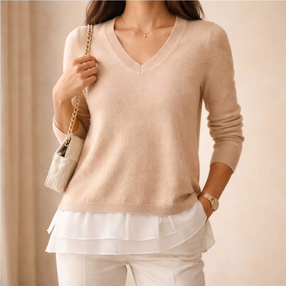 100% Cashmere V-Neck Sweater Medium Beige Layered Hem C by Bloomingdale’s